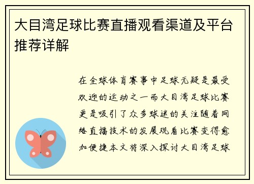 大目湾足球比赛直播观看渠道及平台推荐详解